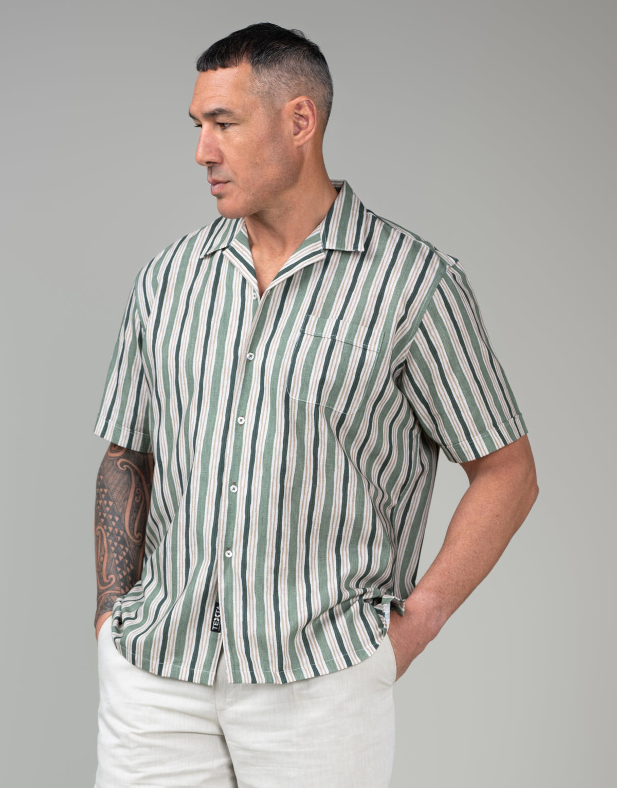 Hahei Green & Brown Painted Stripe Print Shirt
