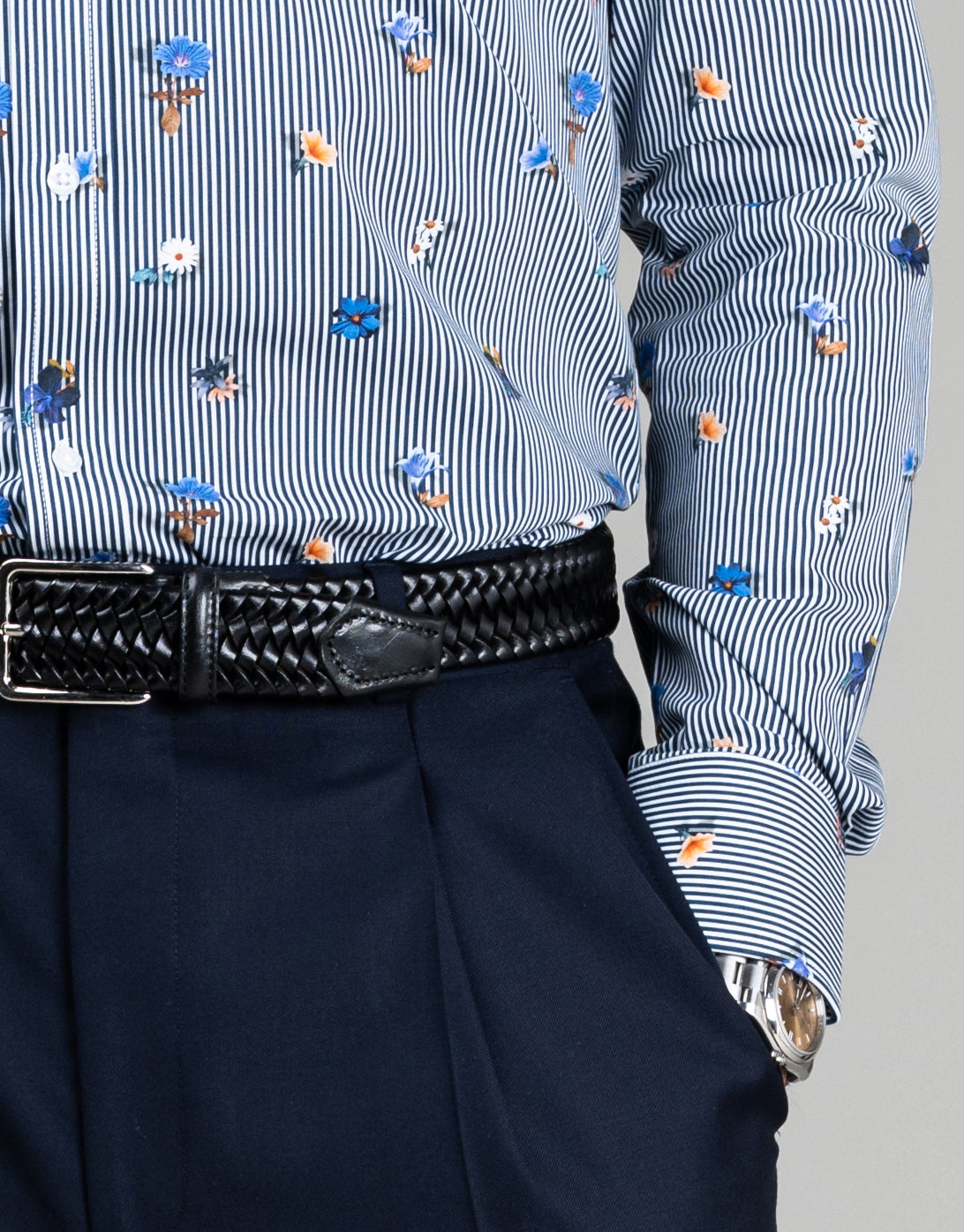 London Navy Floral Stripe Print Shirt