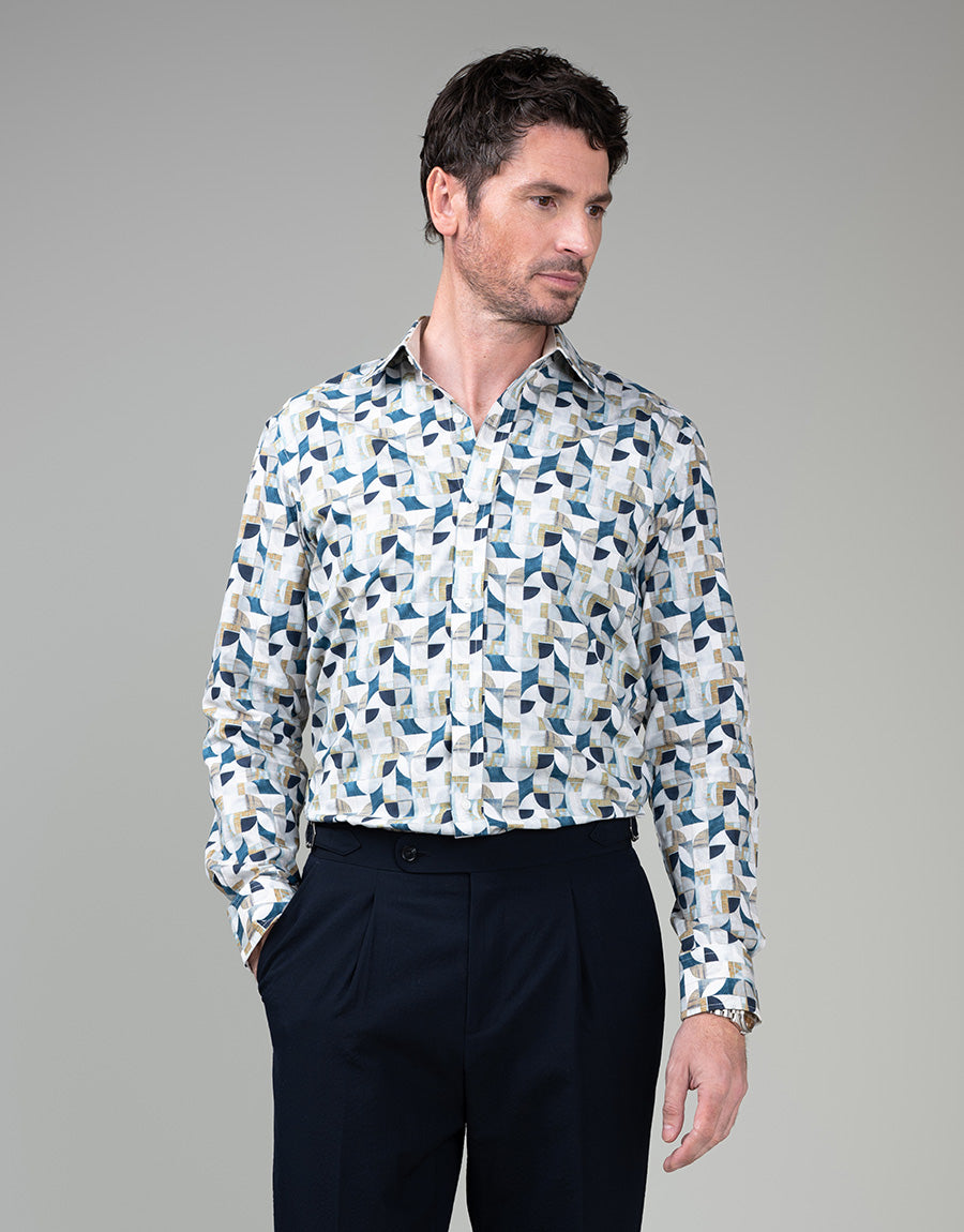 Barbican White, Sand & Blue Abstract Shirt
