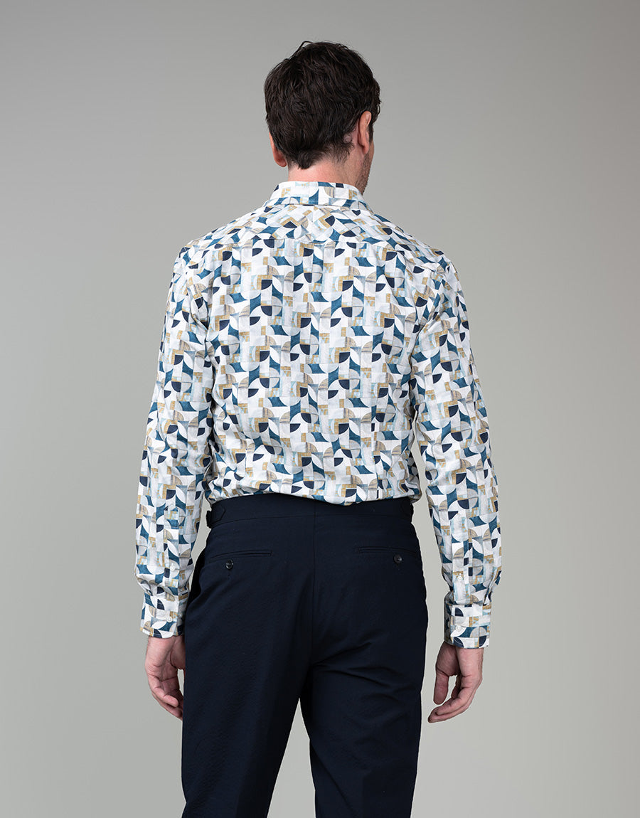 Barbican White, Sand & Blue Abstract Shirt