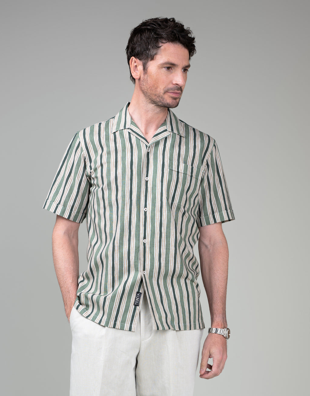 Hahei Green & Brown Painted Stripe Print Shirt
