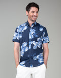 Waihi Navy Large Floral Print Short Sleeve Shirt