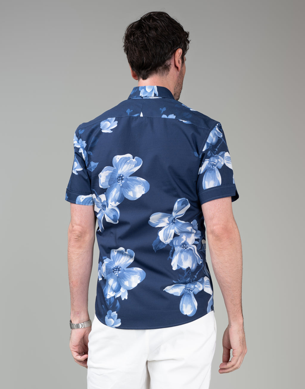 Waihi Navy Large Floral Print Short Sleeve Shirt