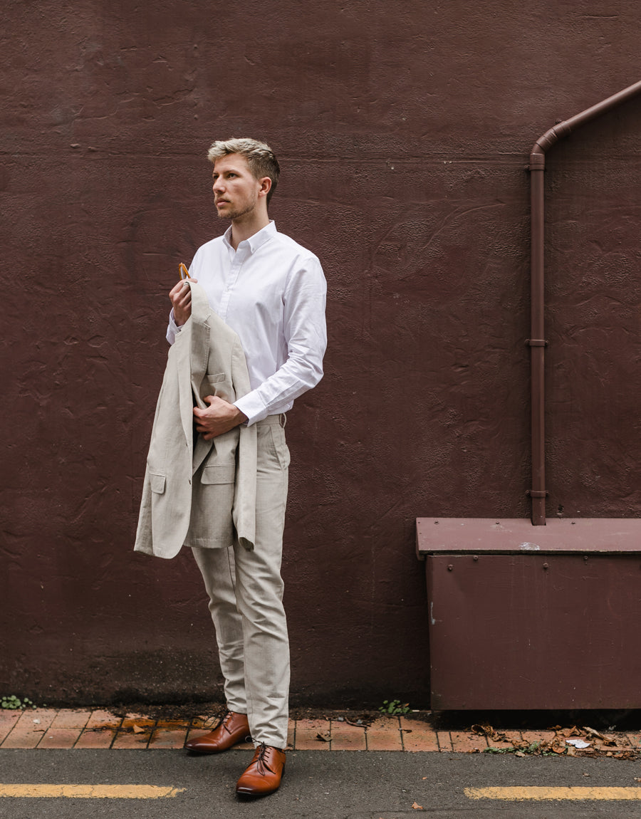 Enz Beige Check Linen Blend Trouser