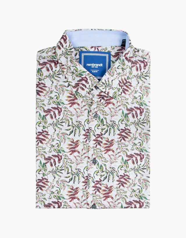 Waihi Green & Brown Leaves Print Short Sleeve Shirt
