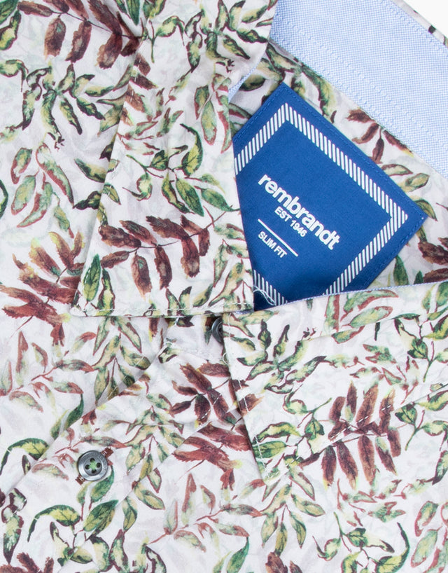 Waihi Green & Brown Leaves Print Short Sleeve Shirt